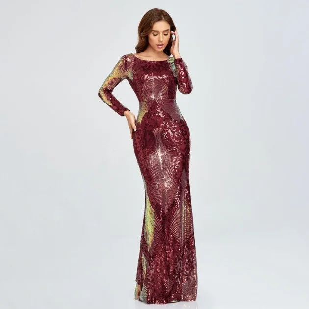 Long Sleeve Round Neck Halter Sequined Mermaid Evening Dress