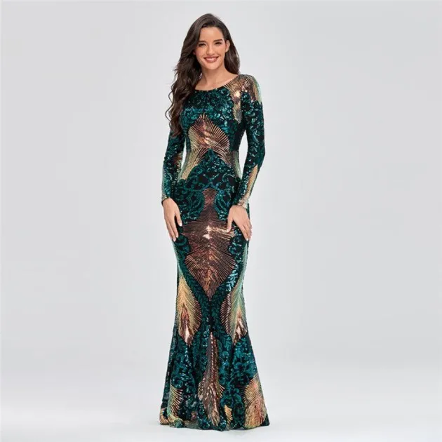 Long Sleeve Round Neck Halter Sequined Mermaid Evening Dress