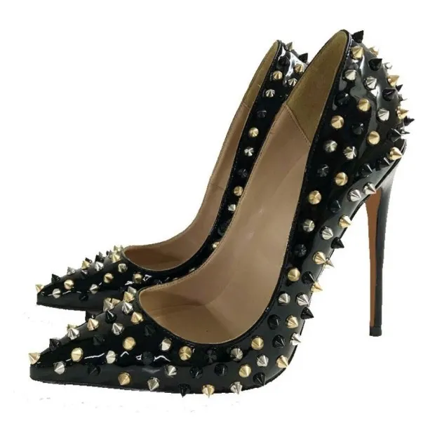 Black Patent Leather Color Matching Rivet High Heels