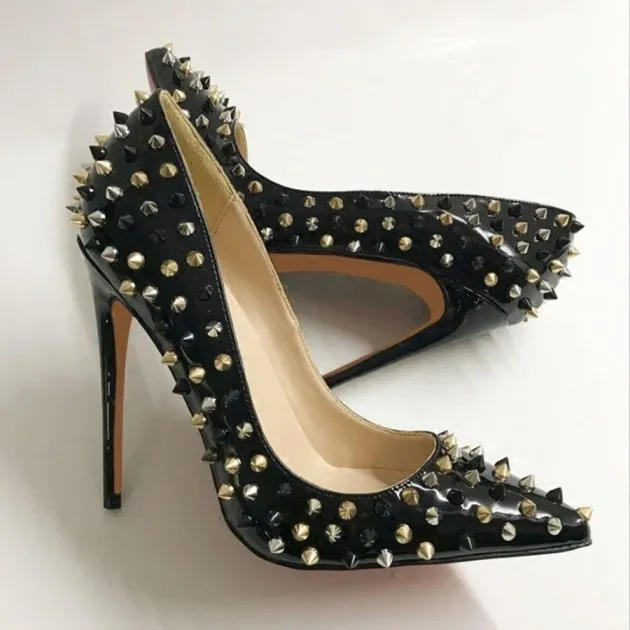 Black Patent Leather Color Matching Rivet High Heels