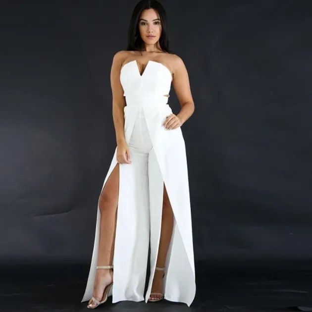 Holle Lange Jumpsuit Vrouwen Mode Rits Ingerichte Split Jumpsuit Elegante Borst Wijde Pijpen Jumpsuit