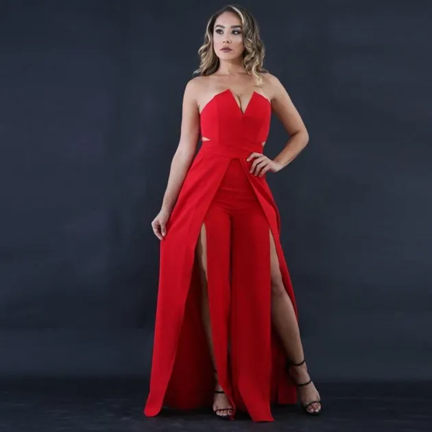 Holle Lange Jumpsuit Vrouwen Mode Rits Ingerichte Split Jumpsuit Elegante Borst Wijde Pijpen Jumpsuit