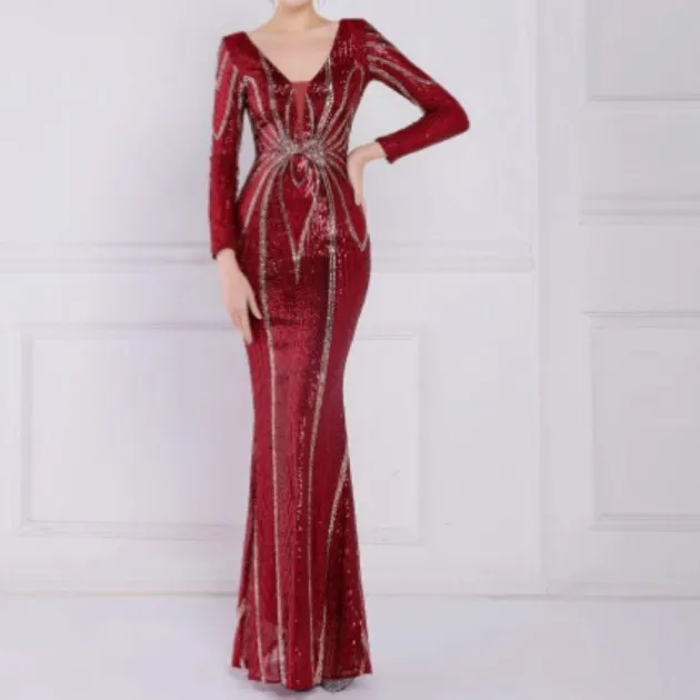 Banquet Elegant Long-sleeved Sequined Aura Queen Fishtail Dress