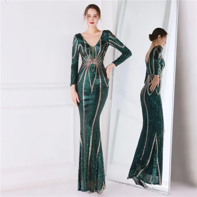 Banquet Elegant Long-sleeved Sequined Aura Queen Fishtail Dress