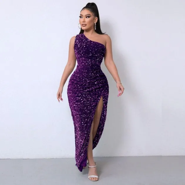 Sleeveless One Shoulder Slash Neck Sequins Gorgeous Slit Dress