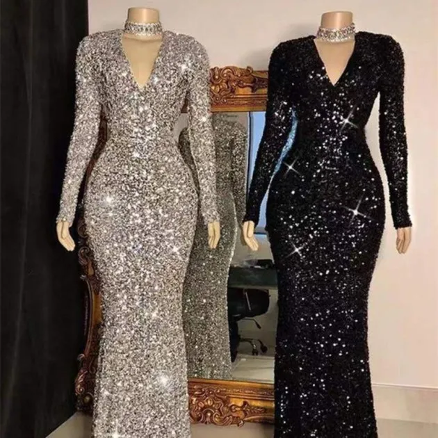 Long Sleeve Sequin Evening Dress