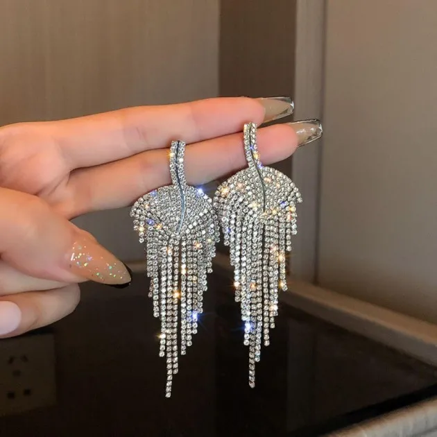 Silver Diamond Leaf Tassel Earrings Fashion