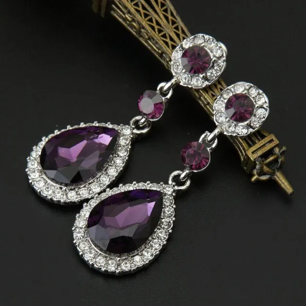 Purple tear drop crystal earrings