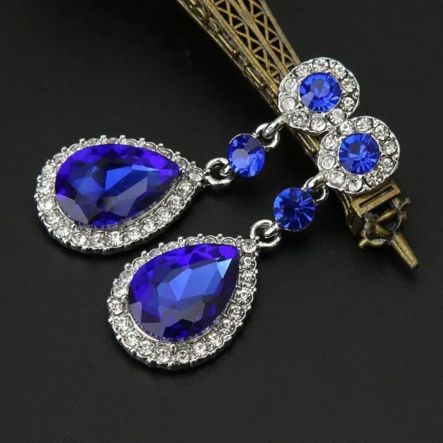 Blue tear drop crystal earrings