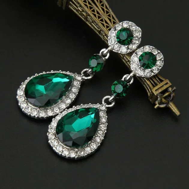 Green tear drop crystal earrings