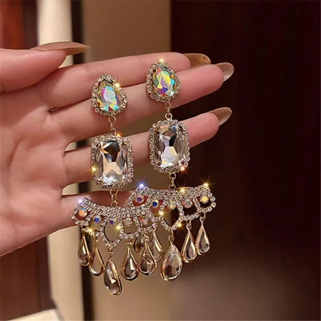 Drop Shaped Crystal Full Of Diamond Temperament Long Earrings Atmospheric Earrings