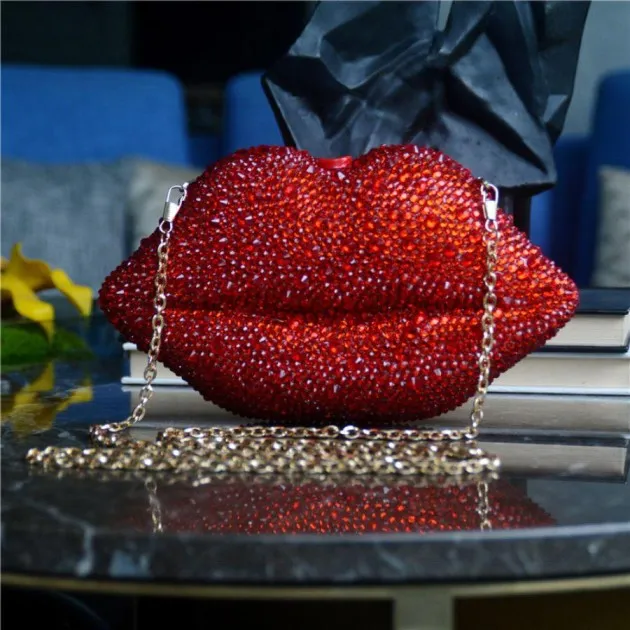 Bolsa de cena con cadena de labios de diamantes de imitación Beso