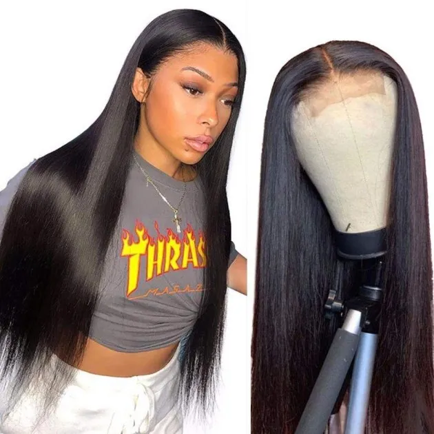 Mid-Section Black Long Straight Hair Front Lace Wig Gabriella