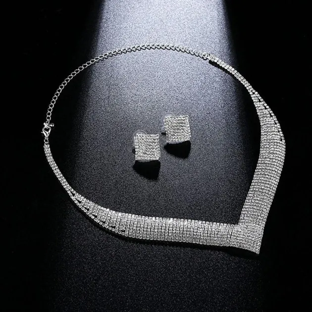 Elegant Shiny Square Rhinestone Necklace Earrings Set