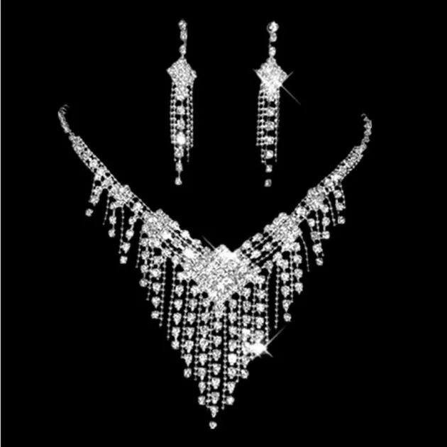 Elegant Shiny Square Rhinestone Necklace Earrings Set
