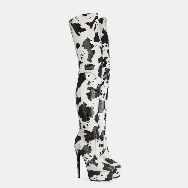 Platform Round Head Cow Pattern Over The Knee Boots