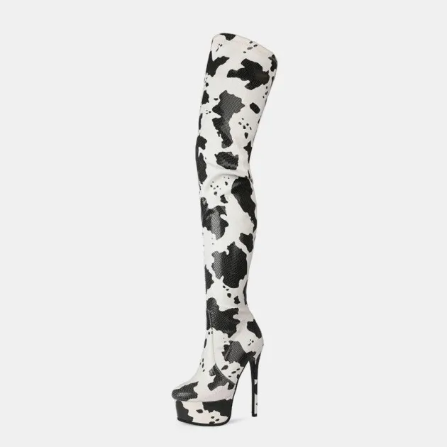 Platform Round Head Cow Pattern Over The Knee Boots