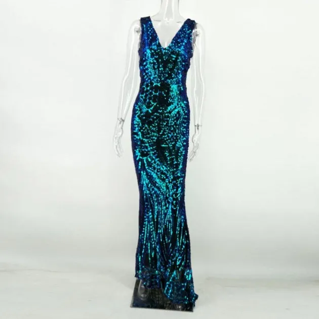 Deep V Neck Symphony Sequins Long Dress Ariel