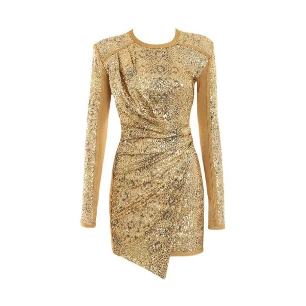 Ladies Long Sleeve Round Neck Sequined Slim Irregular Dress