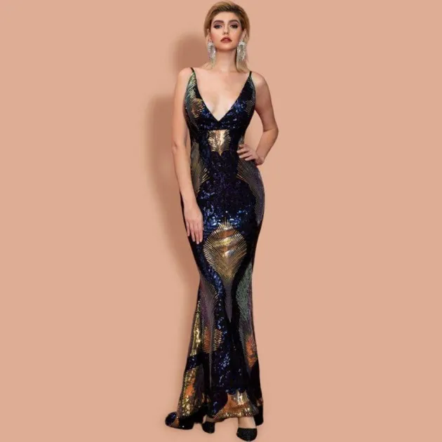 V-neck pattern sequined fishtail dress Adaline