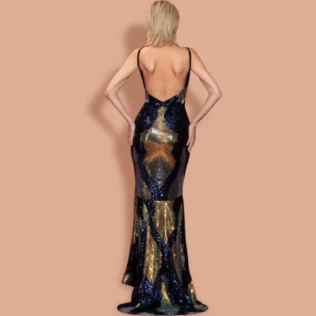 V-neck pattern sequined fishtail dress Adaline