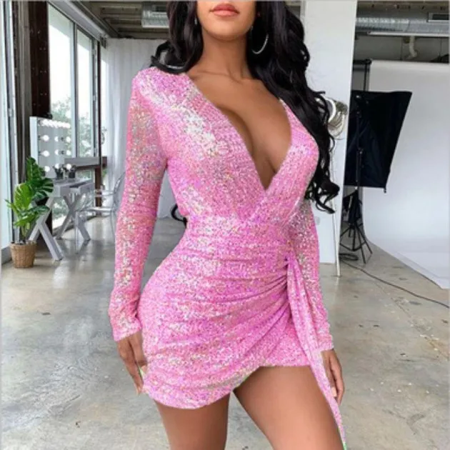Sequined long sleeve deep V-neck dress