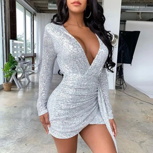 Sequined long sleeve deep V-neck dress