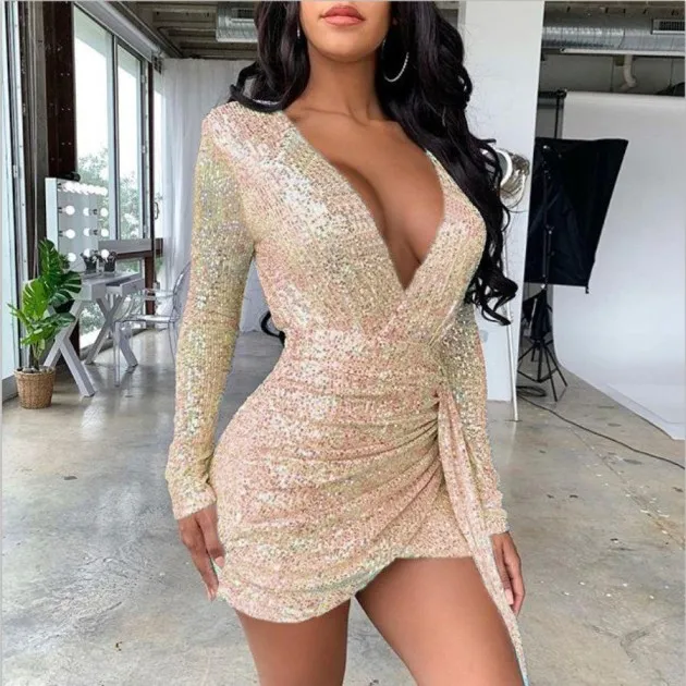 Sequined long sleeve deep V-neck dress