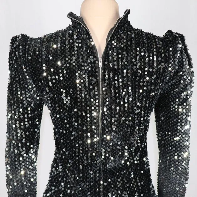 Dress Flannel Sequined Fabric Stage Suit Bubble Long-sleeved Dress