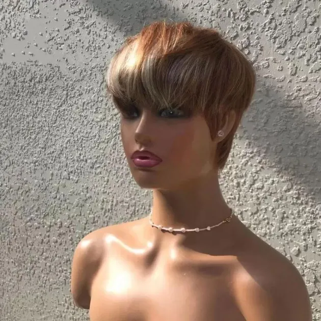 Short Hair Wigs, Brown Highlights, Golden Hair