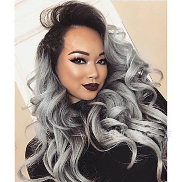 2 Tones synthetic lace wig grey black Ombre wavy wigs long curly hair Gracelyn