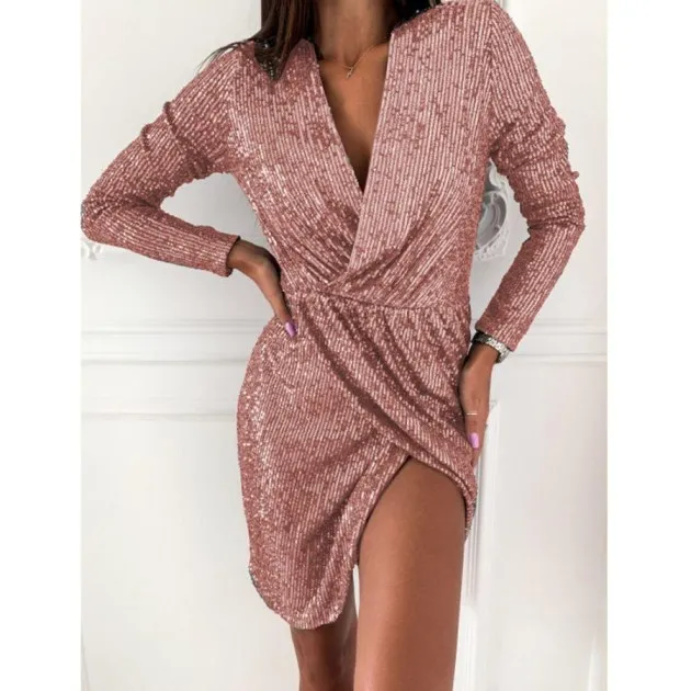 Ladies Sequin Dress Long Sleeve V-Neck Mini Skirt