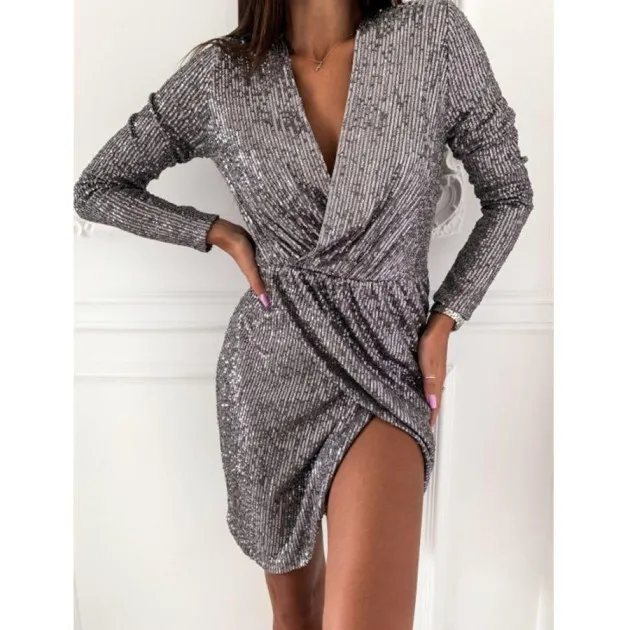 Ladies Sequin Dress Long Sleeve V-Neck Mini Skirt