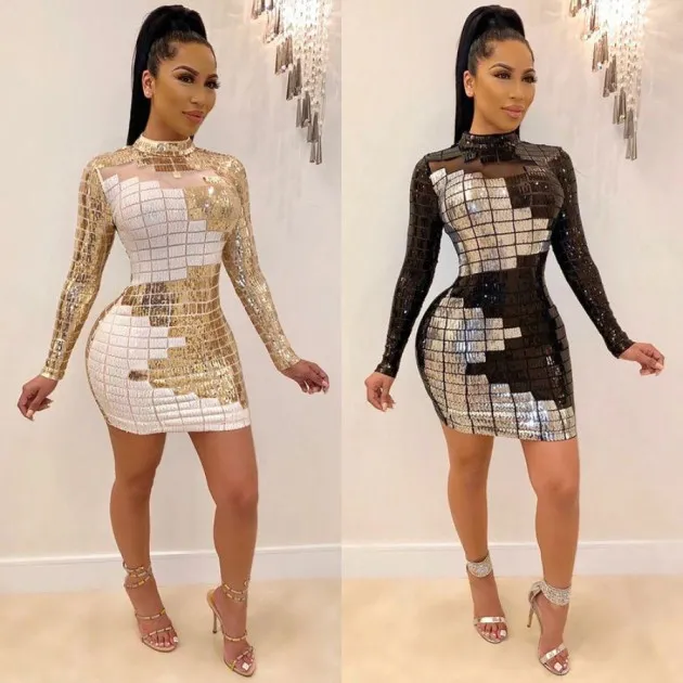 Long sleeve dress mesh white black sequin dress