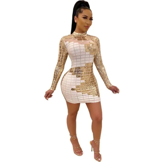 Long sleeve dress mesh white black sequin dress