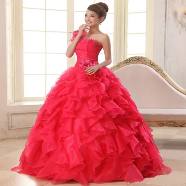 One Shoulder Annual Party Evening Dress Long Stage Costume Puff Skirt