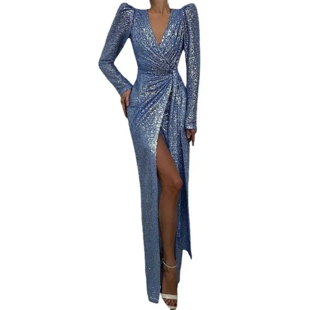 Sequined Slit Tail Banquet Dress Evening Gown