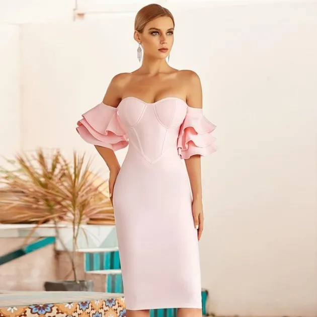 Vestido de vendaje ajustado sin tirantes rosa vintage Angela