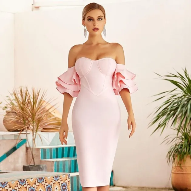 Vestido de vendaje ajustado sin tirantes rosa vintage Angela