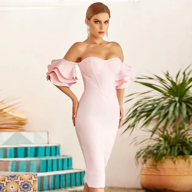 Vestido de vendaje ajustado sin tirantes rosa vintage Angela