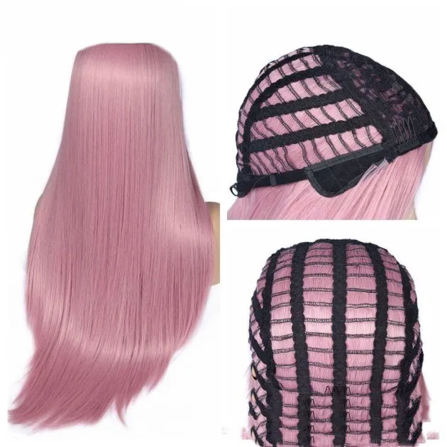 Split Scalp Pink Long Straight Hair Fiber Wig