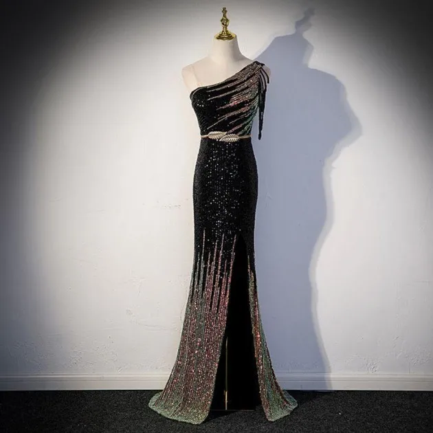 Noble Temperament Design Sense Tassel Sequin Long Split Fishtail Skirt Banquet Dress