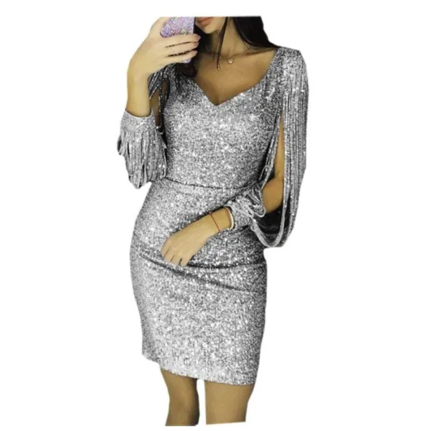 V-neck sparkling tassel long-sleeved slim hip dress