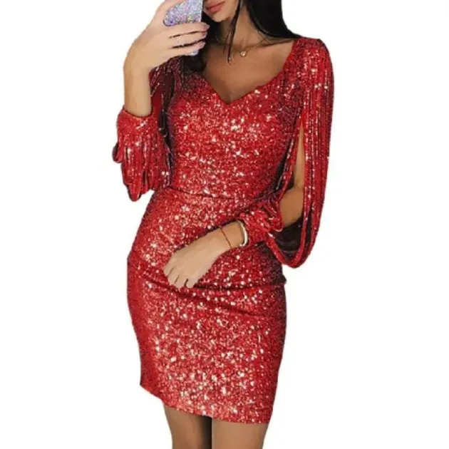 Vestido ceñido a la cadera de manga larga con borlas brillantes y cuello en V