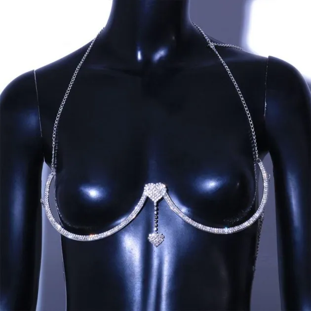 Ladies Double Heart Pendant Rhinestone Chest Support Body Chain