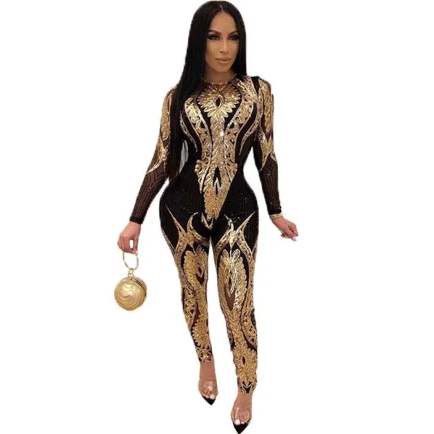 Sequined womens long-sleeve see-through jumpsuit