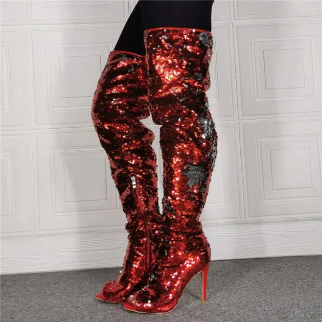 Womens Fashion Fish Mouth Sequin High Heel Over Knee Boots