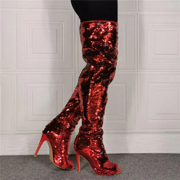 Womens Fashion Fish Mouth Sequin High Heel Over Knee Boots