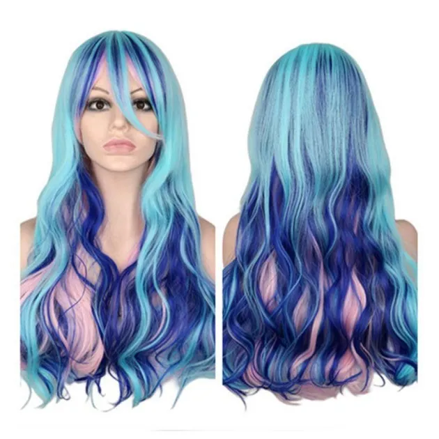 Cosplay Gradient Long Curly Peluca turquesa rosa azul