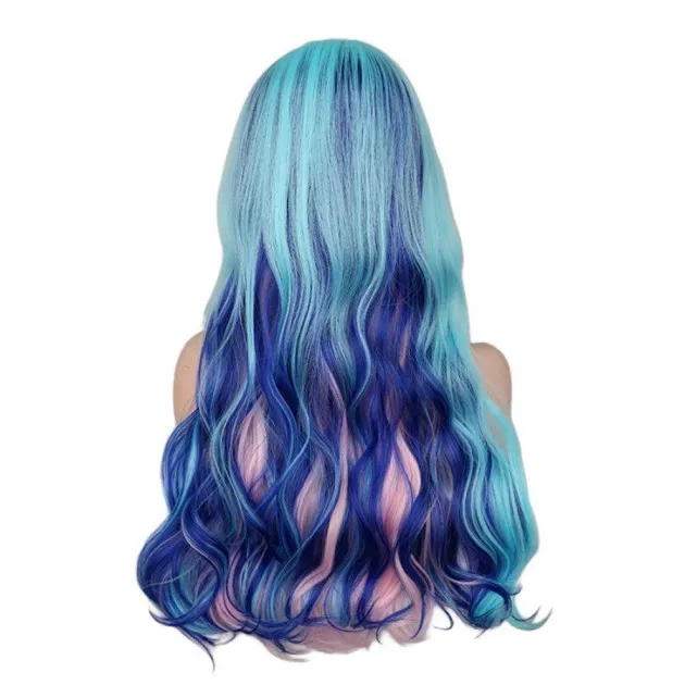 Cosplay Gradient Long Curly Peluca turquesa rosa azul